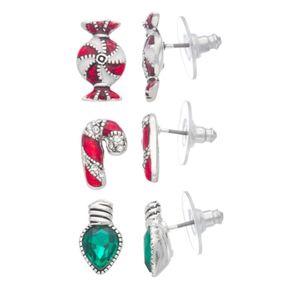 Napier Christmas Stud Trio Pack candy cane, lights and peppermints